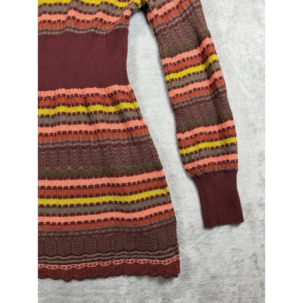 Free People Women's Boho Knit Sweater Tunic Burgundy Striped Long Sleeve Size L